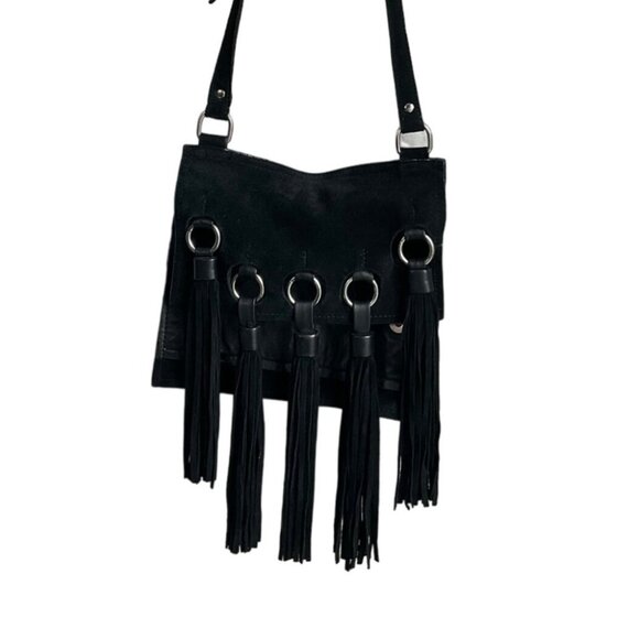 Free People Handbags - Free People Womens Crossbody Bag Black Suede Fringe Tassel Boho Western